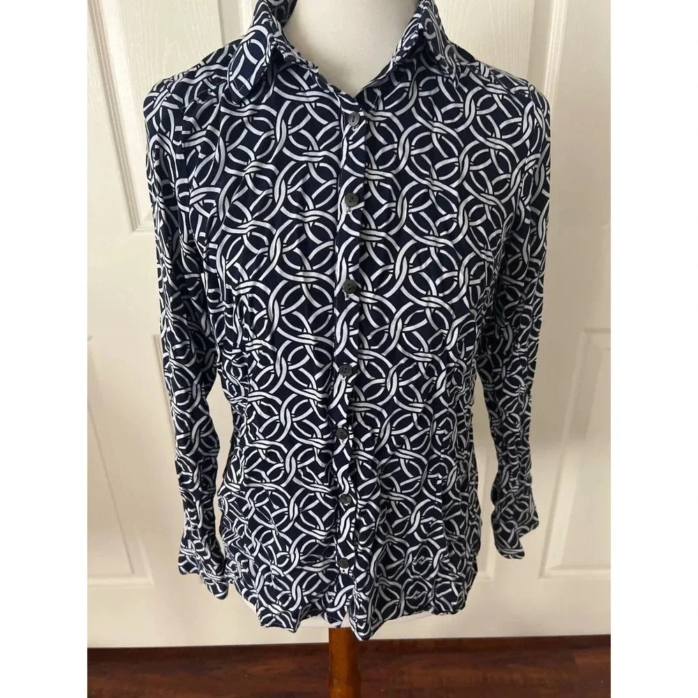 Tina Stephens Womens Top Size Small Long Sleeve Nautical Button Up Blue White